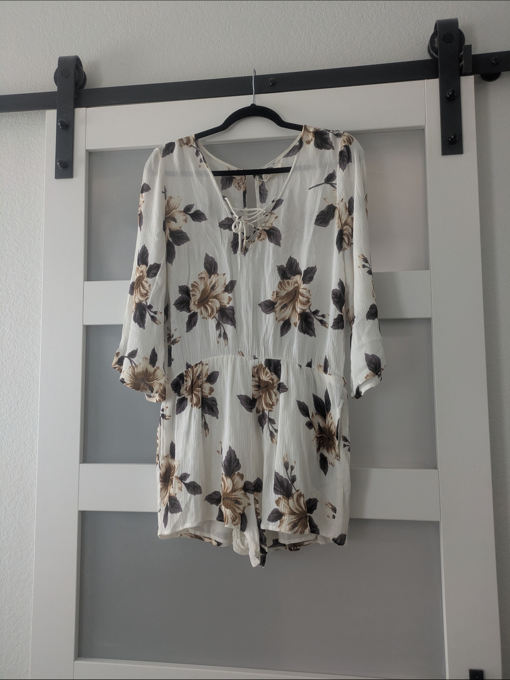 O'Neill White Tunic with Brown Floral Lace-Up V-Neck Romper